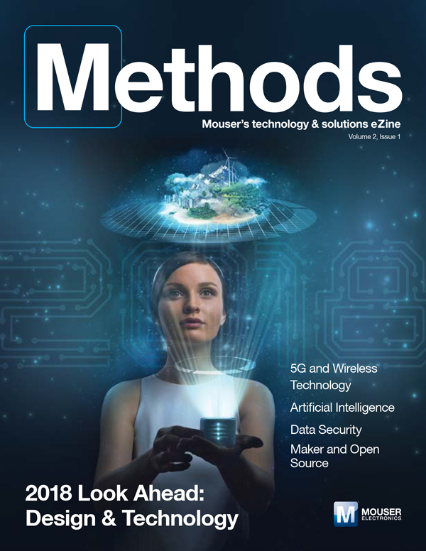 Methods A.I. cover with a woman holding a small disc in her hand that is projecting a holograph of land and sea above with with the number 2018 spelled out in the stars behind her.